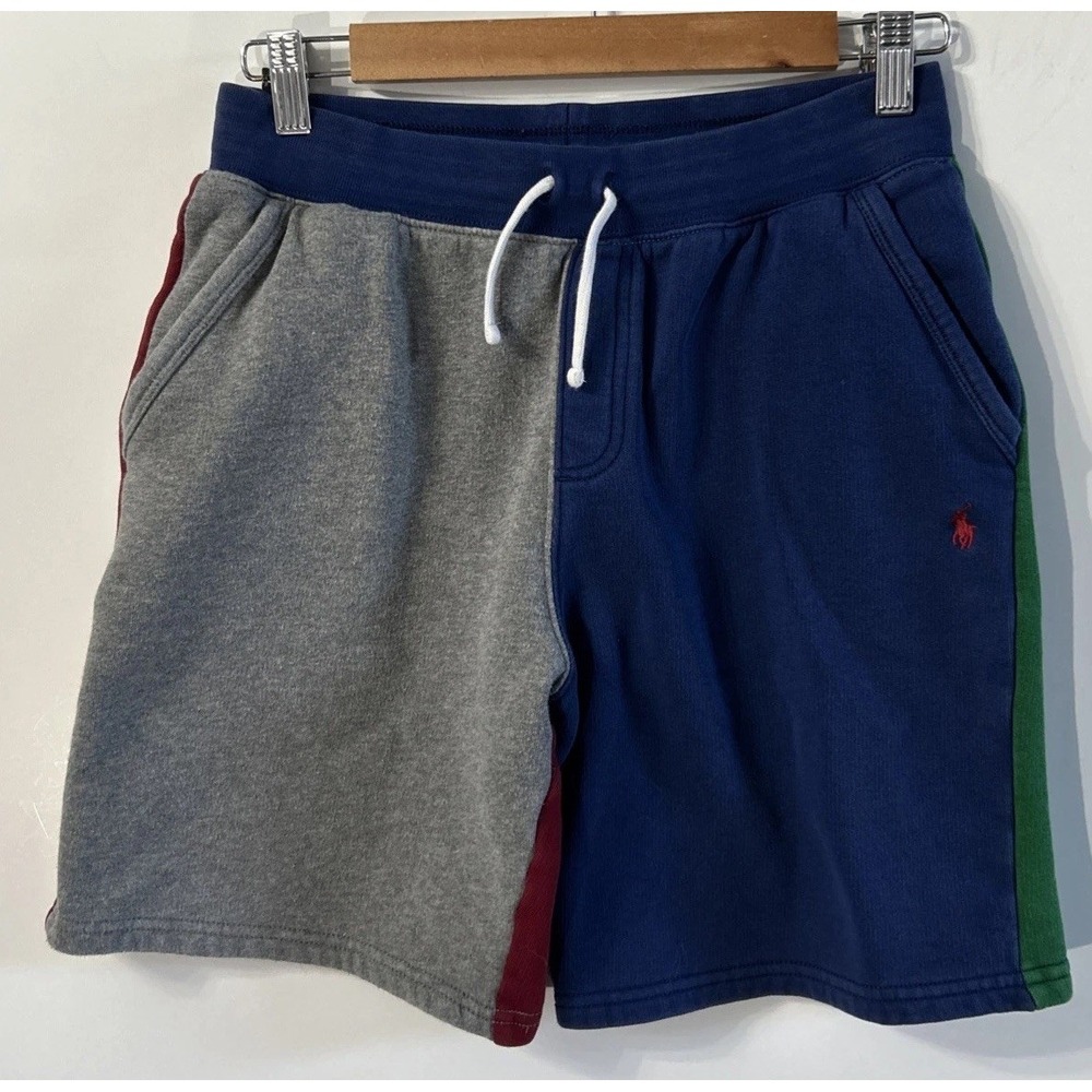 Boys RALPH LAUREN Blue Multi Color Block Fleece SweatShorts Large 14-16
